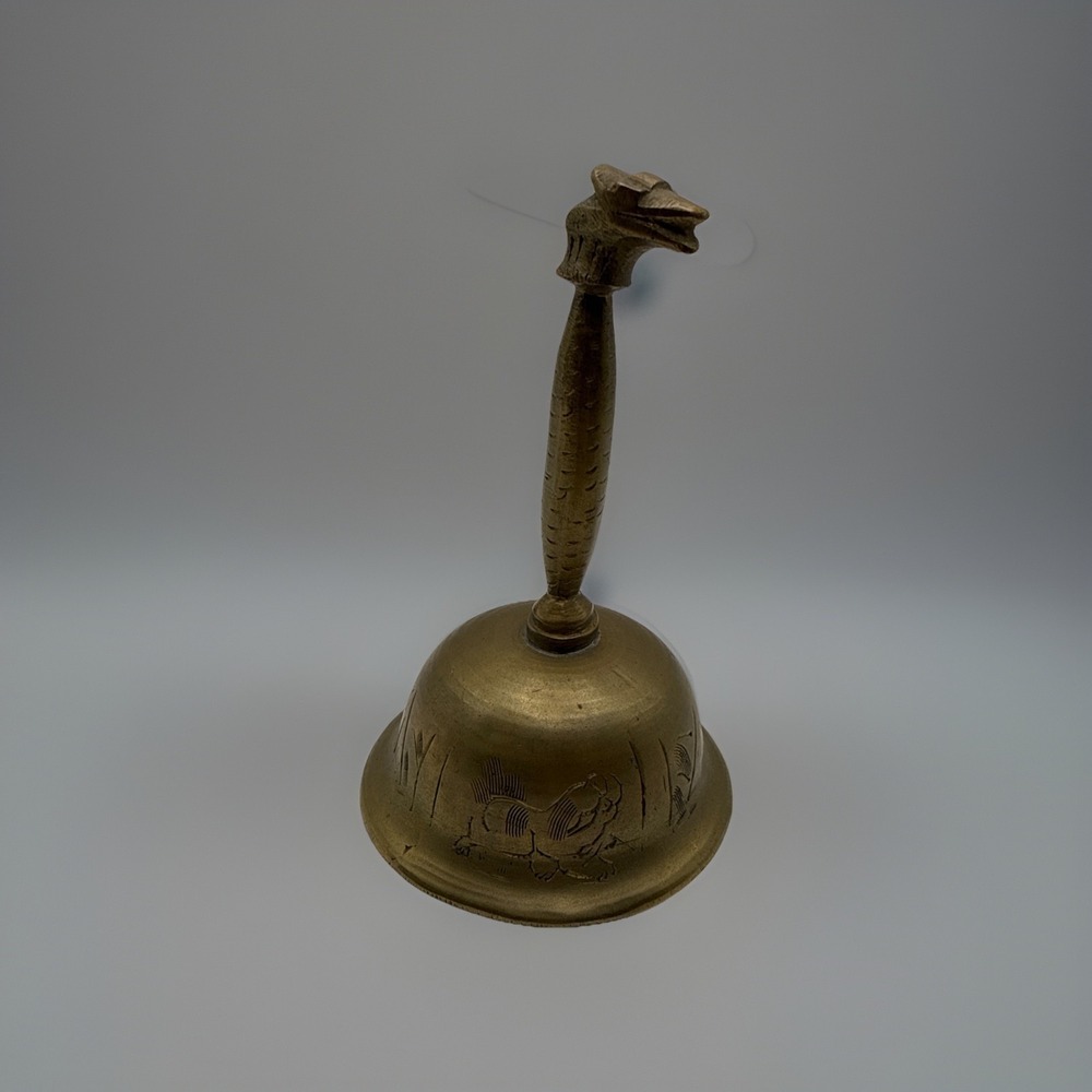 Vintage Brass Hand Bell Snake Serpent on Handle Animals Etched into Bell